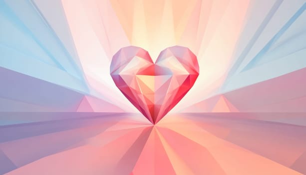 Low poly red heart is shining on a pastel colored polygonal background