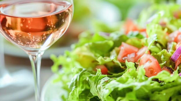Rose wine enhances a healthy meal of fresh salad with lettuce, tomatoes and onions