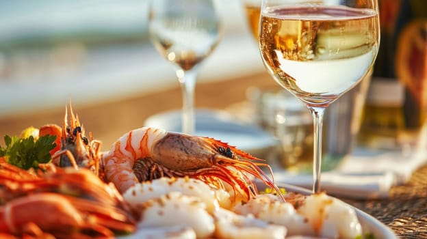 Fresh seafood platter with shrimps, prawns, and scallops paired with a glass of white wine, enjoyed by the beach during a beautiful sunset