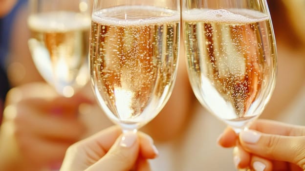 Friends toasting with sparkling wine celebrating outdoors at sunset