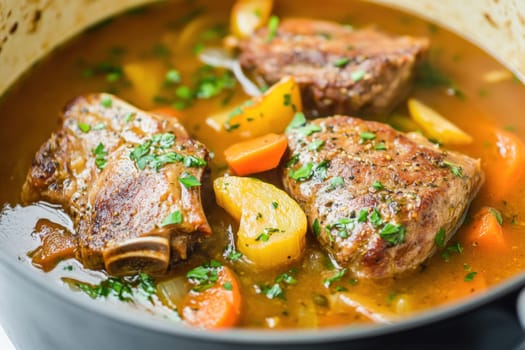 Country style pork ribs braising slowly in rich broth with potatoes, carrots, onions, and herbs, creating a comforting and flavorful dish