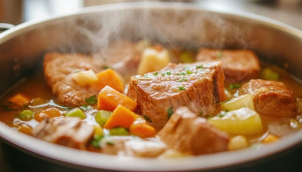 Delicious beef stew simmering in a pot with carrots, potatoes, celery, and onions, creating a hearty and comforting meal