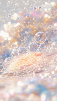 Soap bubbles floating above pink body scrub, creating a dreamy and luxurious spa like atmosphere with a sparkling background