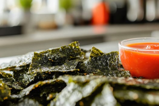 Delicious roasted seaweed chips seasoned with spices and served with a spicy dipping sauce, perfect for a healthy and flavorful snack