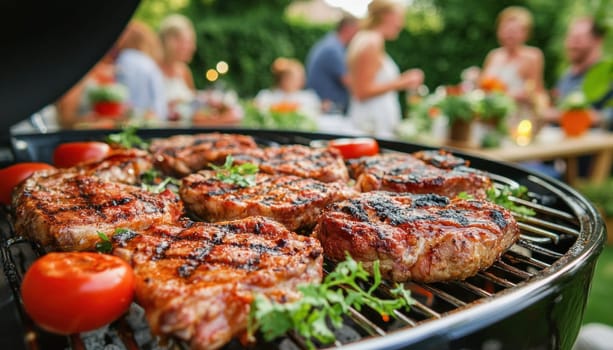 Delicious grilled steaks with tomatoes grilling for summer party in a garden