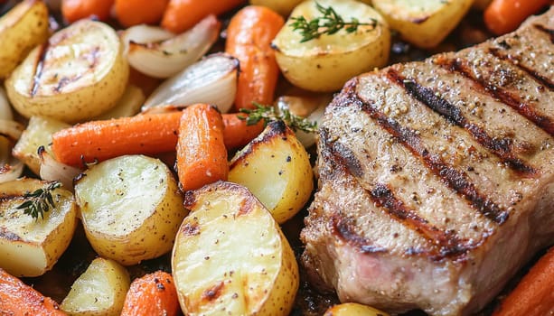 Close up of juicy grilled pork chop served with roasted potatoes, carrots, and onions, creating a delicious and hearty meal