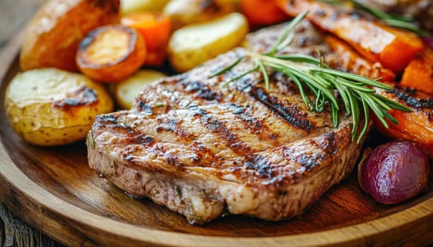 Juicy grilled steak served with roasted potatoes, carrots, and a sprig of rosemary on a rustic wooden plate