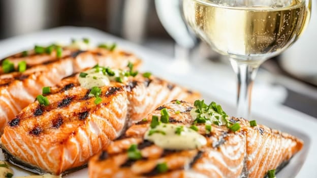 Delicious grilled salmon fillets seasoned with chives and white wine sauce, creating a gourmet dining experience