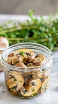 Delicious marinated mushrooms are preserved in a glass jar, seasoned with fresh thyme and parsley, ready to enhance culinary creations
