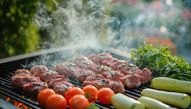 Juicy pieces of meat and vegetables grilling on barbecue with smoke