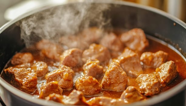 Delicious meat stew simmering in a pot, filling the kitchen with warm, savory aromas