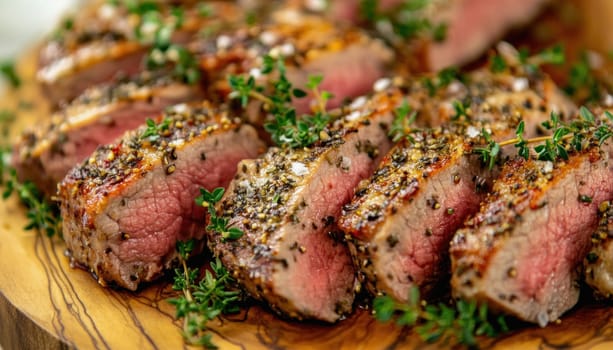 Delicious slices of grilled lamb seasoned with fresh thyme and spices, creating a mouthwatering culinary experience
