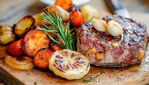 Delicious grilled beef steak served with roasted potatoes, carrots, onions, garlic cloves and rosemary on wooden cutting board