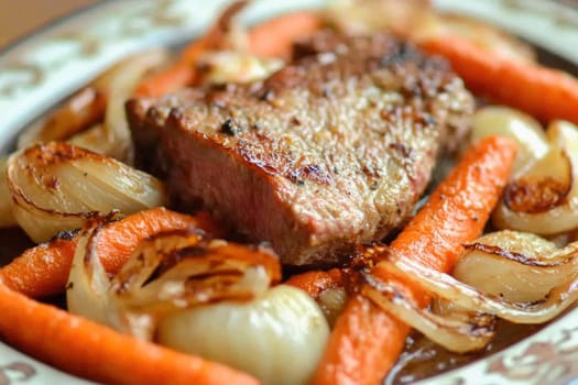 Delicious grilled beef steak served with roasted carrots and onions, creating a flavorful and satisfying meal