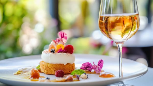 Gourmet cake decorated with edible flowers served with glass of wine on a restaurant table with garden view