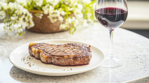Sizzling grilled steak served with a glass of red wine, creating an elegant dining experience