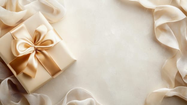 Golden gift box with ribbon and delicate fabric on a beige background creating a luxurious and festive atmosphere