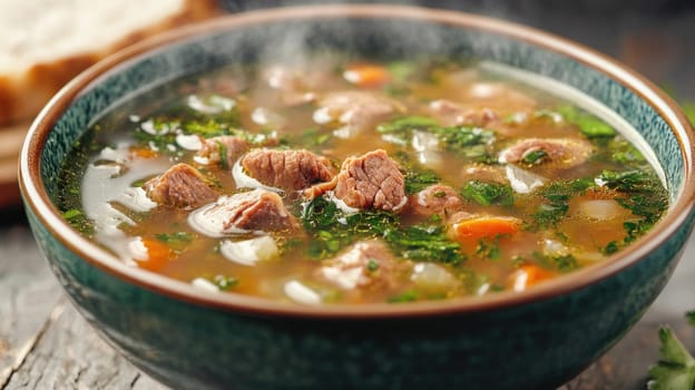 Bowl of delicious, steaming hot beef soup with vegetables and herbs, perfect for a comforting meal