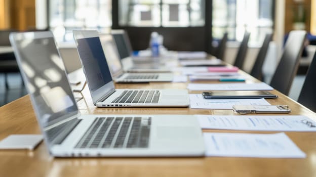 Laptops, documents, and mobile devices arranged on a conference room table, ready for a productive business meeting