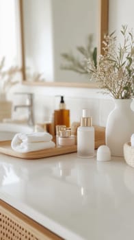 Sustainable beauty products and accessories arranged on a wooden tray on a bathroom counter