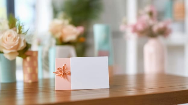 White blank card decorated with pink bow on wooden table with blurred flowers background, ready for your text