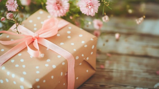 Wrapped gift box with pink ribbon and pink flowers on wooden table, ideal for birthday, mother's day, valentine's day, or other special occasion