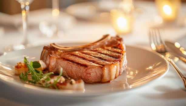 Delicious grilled tomahawk steak plated with garnish in fine dining restaurant, creating a luxurious culinary experience