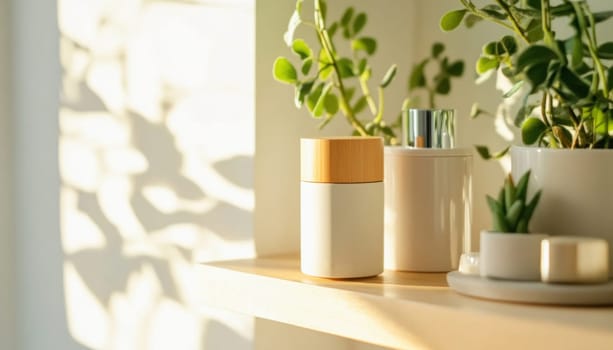 Eco friendly cosmetic containers and houseplants basking in sunlight on a shelf, promoting natural beauty and wellness