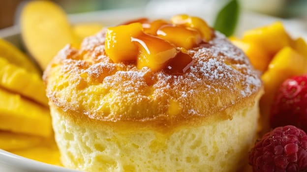Fluffy souffle is garnished with fresh mango slices, drizzled with syrup, and dusted with powdered sugar