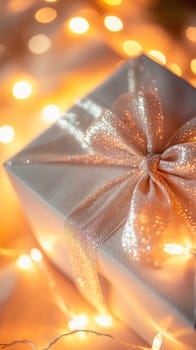 Elegant christmas gift box with a sparkling silver bow, surrounded by warm fairy lights, creating a festive atmosphere