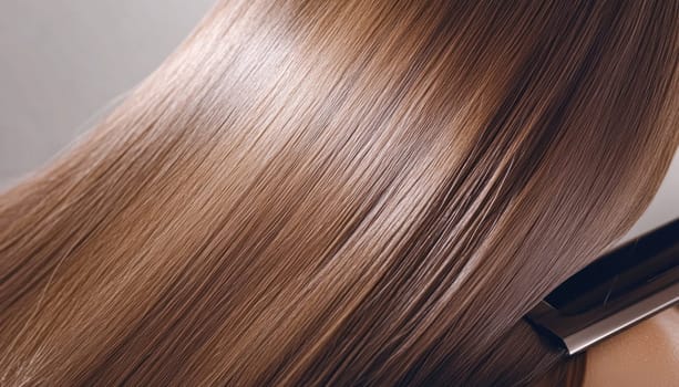 Hairdresser is using a hair straightener on long, brown hair, creating a sleek and shiny hairstyle