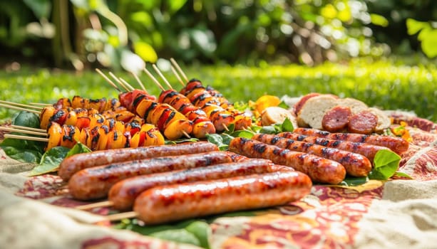 Delicious grilled sausages and colorful vegetable skewers are arranged on a picnic blanket in a lush garden setting, creating a perfect barbecue scene