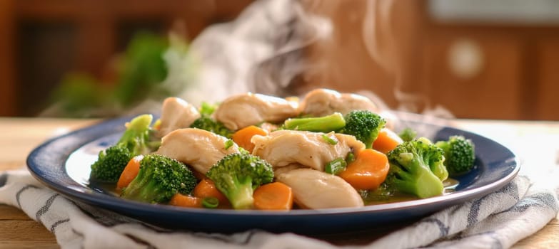 Delicious chicken stir fry with broccoli, carrots, and a savory sauce, steaming hot on a blue plate
