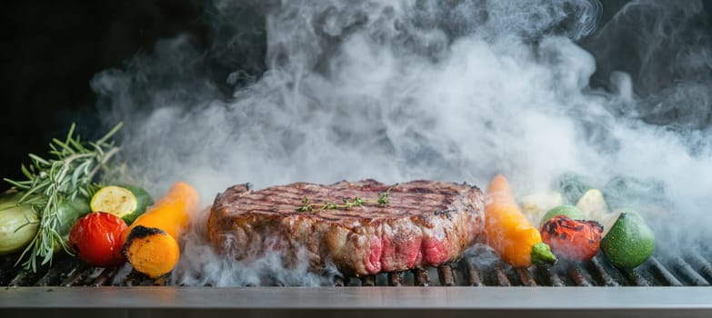 Large piece of meat and vegetables grilling on professional barbecue grill, emitting a lot of smoke