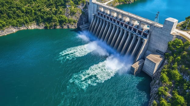 Water flows powerfully through hydroelectric dam, generating clean energy for sustainable power