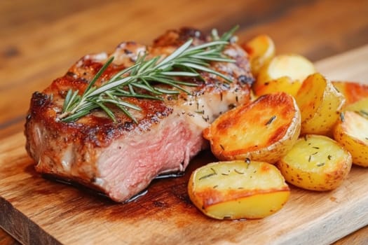 Juicy grilled steak seasoned with fresh rosemary, served with roasted potato wedges on a wooden cutting board