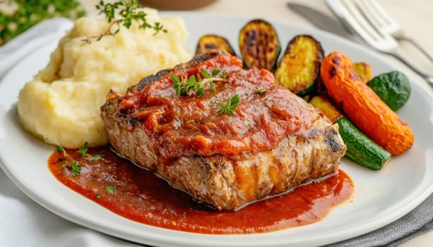 Delicious grilled steak served with mashed potatoes, grilled zucchini and carrots, and covered in a rich tomato sauce