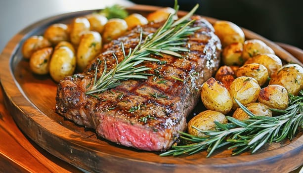 Juicy grilled striploin steak with roasted baby potatoes and fresh rosemary sprigs, served on a rustic wooden tray