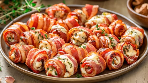 Close up of bacon wrapped chicken rolls garnished with fresh thyme, showcasing a savory appetizer or snack