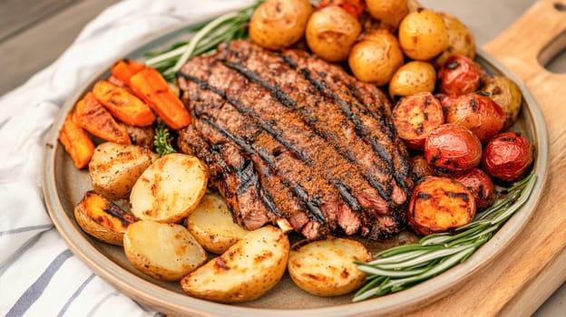 Grilled steak resting on a plate with roasted potatoes, carrots, and tomatoes, garnished with fresh rosemary sprigs
