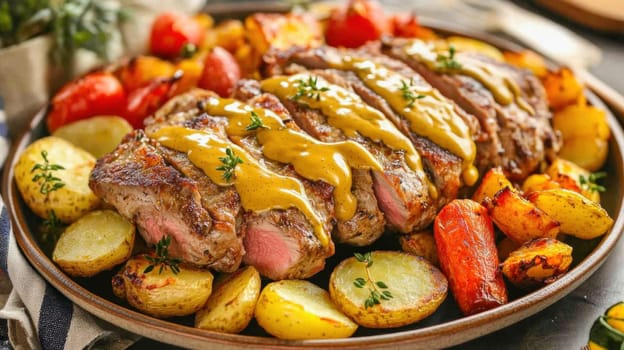 Delicious sliced grilled beef steak with mustard sauce and roasted potatoes, carrots, and tomatoes served on a plate