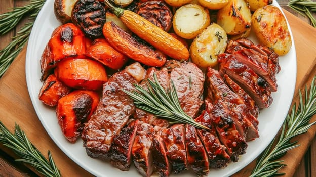 Delicious sliced roast beef served with roasted potatoes, carrots, and zucchini, garnished with fresh rosemary
