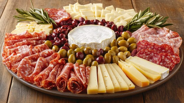 Round charcuterie board presenting a variety of cured meats, cheeses, and olives, garnished with rosemary sprigs