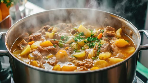 Steaming stew cooking in a pot with potatoes, carrots, peas, and meat, garnished with fresh parsley