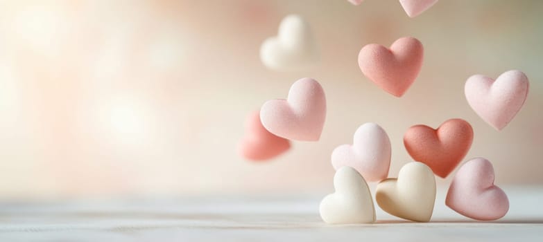 Sugary hearts falling gently onto a white wooden surface, creating a romantic and dreamy atmosphere