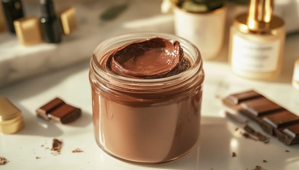 Glass jar with chocolate cream or mask placed on white table with pieces of dark chocolate and various beauty products