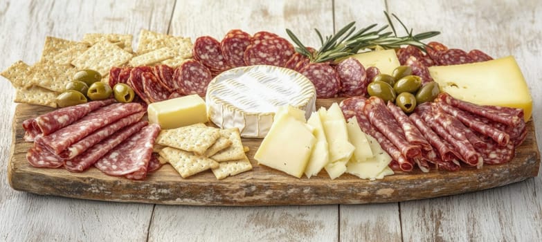 Delicious charcuterie board with salami, cheese, crackers, and olives, creating a tempting appetizer or snack presentation