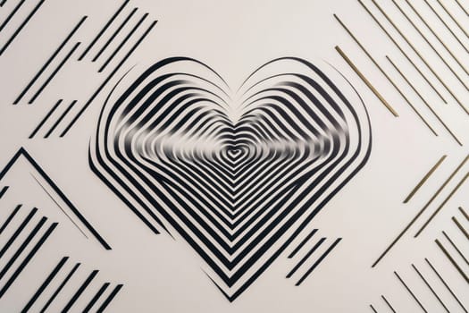 Black and white lines creating a hypnotic optical illusion of a three dimensional heart, a captivating abstract design