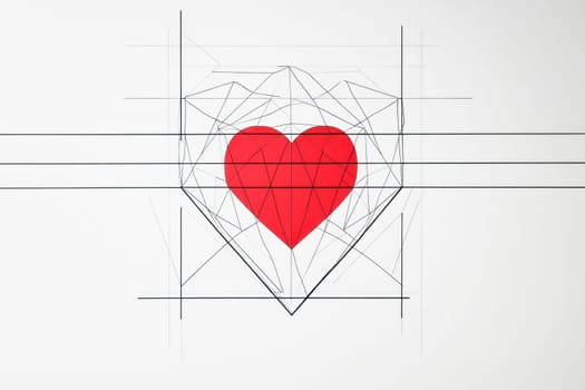 Red heart shape projected on geometric blueprint is representing love, feelings, and building project