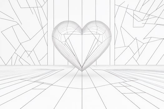 Wireframe heart is floating in abstract white room